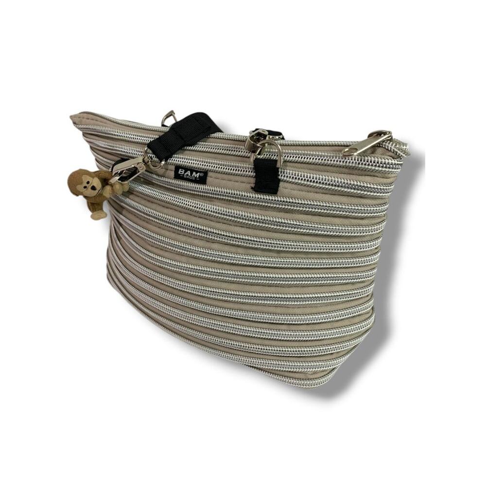 Bam Bags Zipper Purse Beige Silver Tote  Bag Purse Flat Bottom - Picture 3 of 8